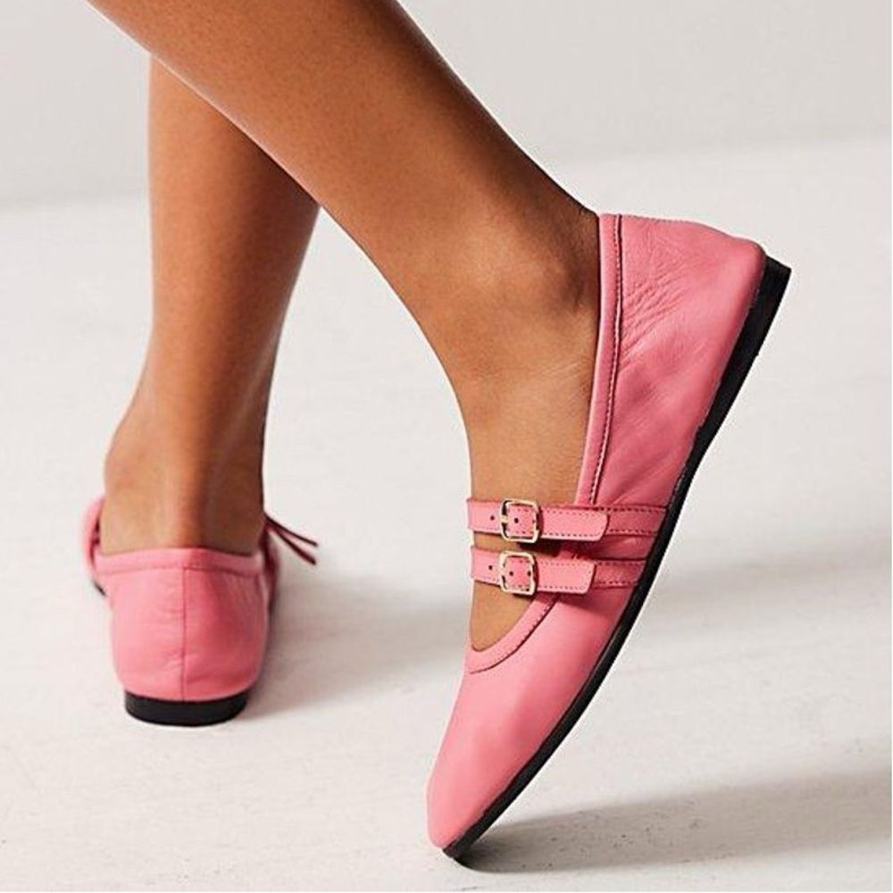 Free People Pink Double-Strap Leather Flats